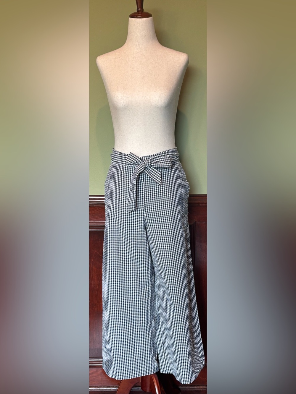 LOFT Navy & White Gingham Wide-Leg Pants with Tie Belt